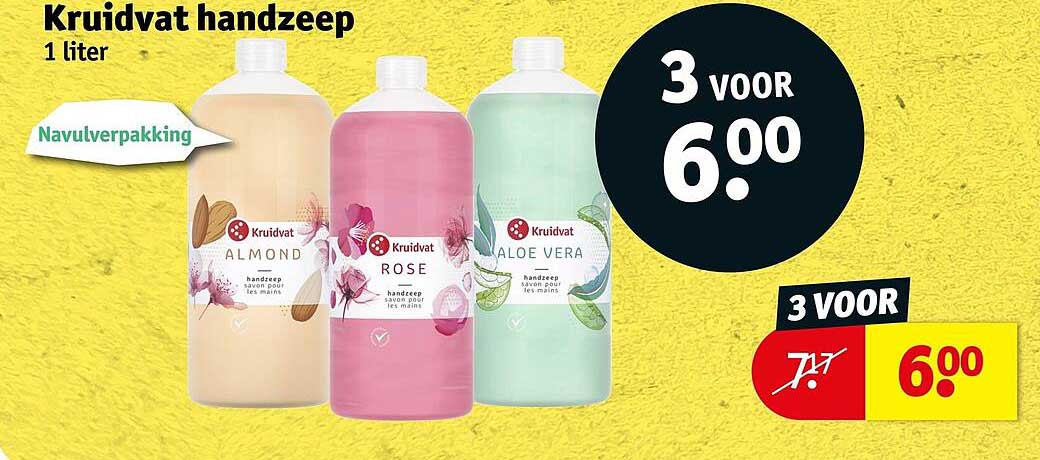 Kruidvat handzeep 1 liter Navulverpakking 3 voor 6.00