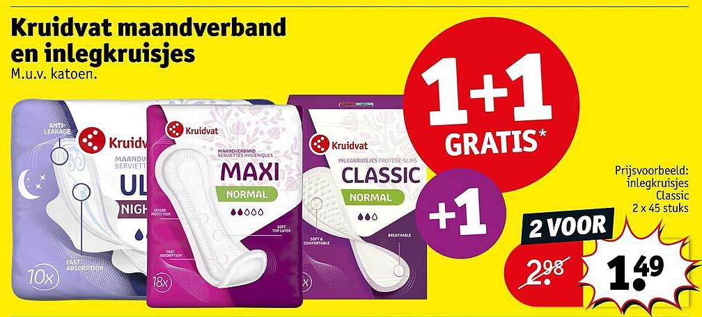 Kruidvat maandverband en inlegkruisjes M.u.v. katoen. 1+1 GRATIS*