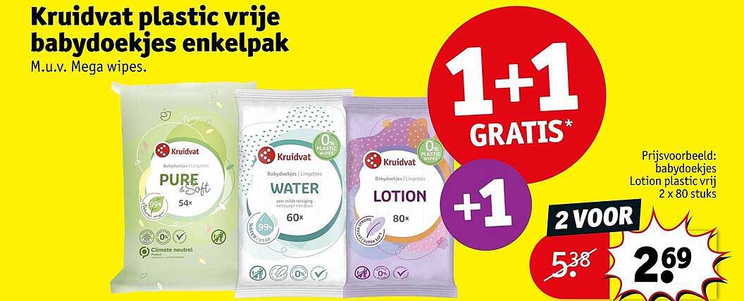 Kruidvat plastic vrije babydoekjes enkelpak 1+1 GRATIS*