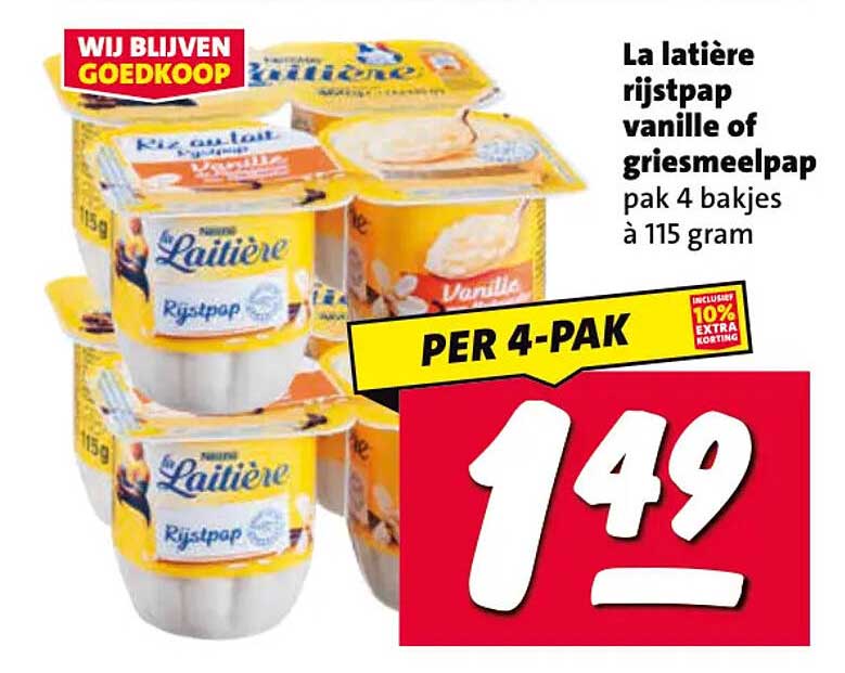 La Laitière rijstpap vanille of griesmeelpap pak 4 bakjes à 115 gram