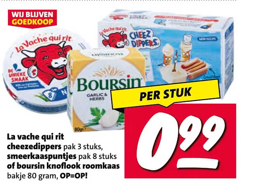 La vache qui rit cheezdippers pak 3 stuks, smeerkaaspuntjes pak 8 stuks of boursin knoflook roomkaas bakje 80 gram, OP=OP!