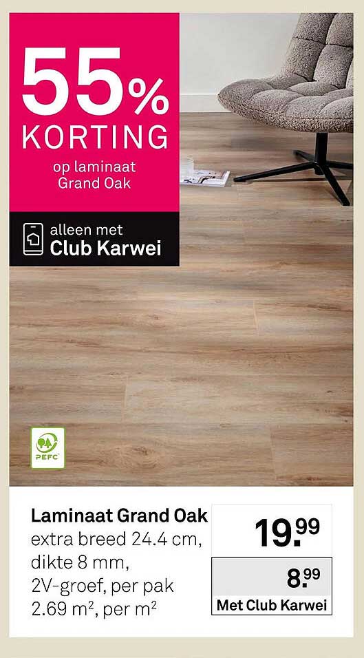 Laminaat Grand Oak extra breed 24.4 cm, dikte 8 mm, 2V-groef, per pak 2.69 m², per m²