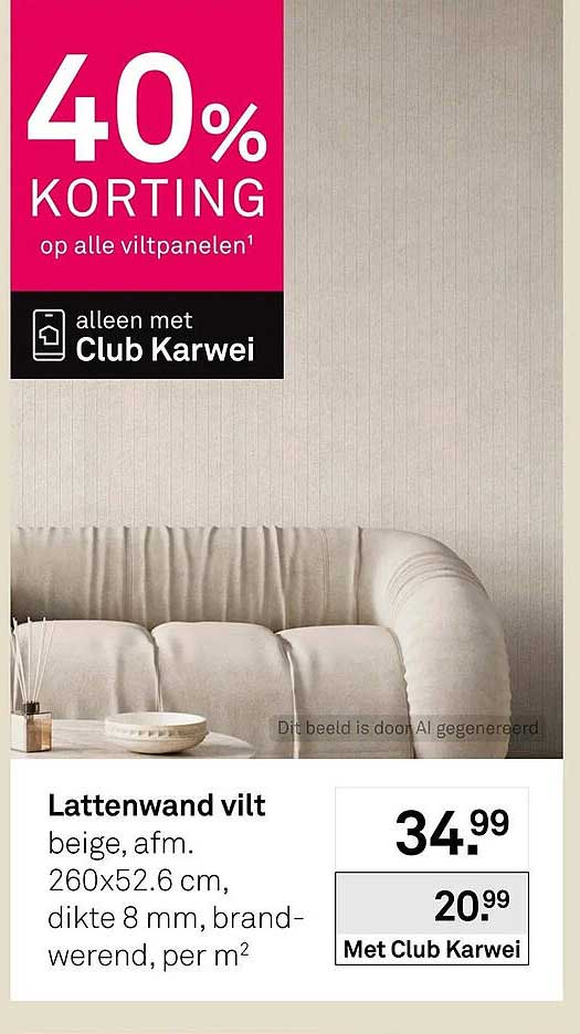 Lattenwand vilt beige, afm. 260x52.6 cm, dikte 8 mm, brandwerend, per m²