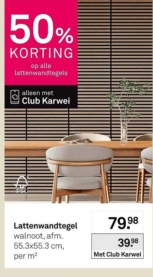 Lattenwandtegel walnoot, afm. 55.3x55.3 cm, per m²