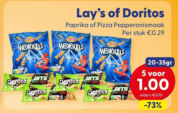 Lay’s of Doritos Paprika of Pizza Pepperonismmaak Per stuk €0.29 20-35gr 5 voor 1.00 -73%