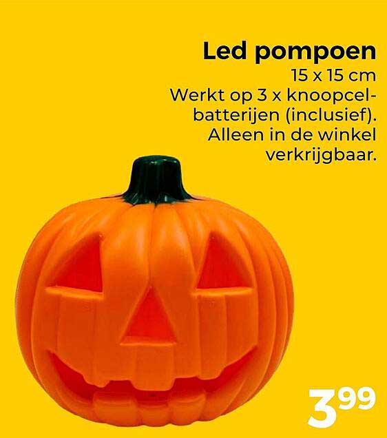 Led pompoen 15 x 15 cm Werkt op 3 x knoopcel-batterijen (inclusief). Alleen in de winkel verkrijgbaar.