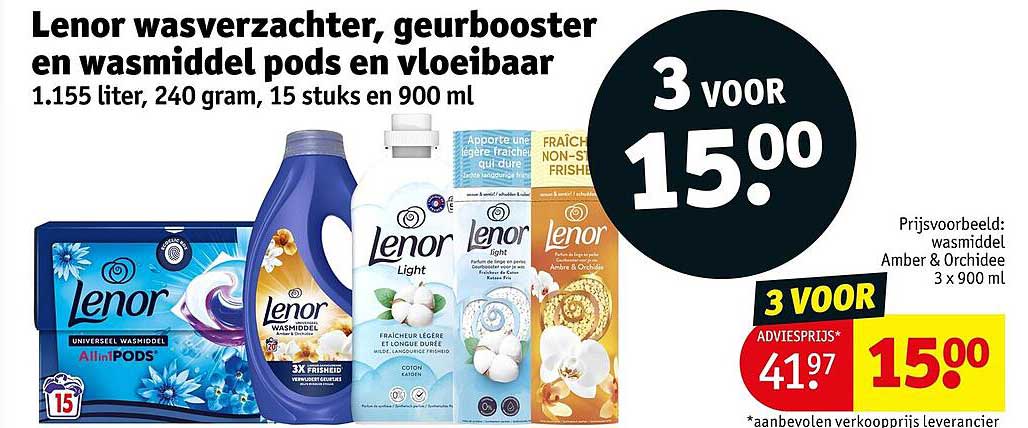 Lenor wasverzachter, geurbooster en wasmiddel pods en vloeibaar 1.155 liter, 240 gram, 15 stuks en 900 ml 3 voor 15.00