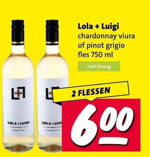 Lola + Luigi chardonnay viura of pinot grigio fles 750 ml Half Droog 2 FLESSEN