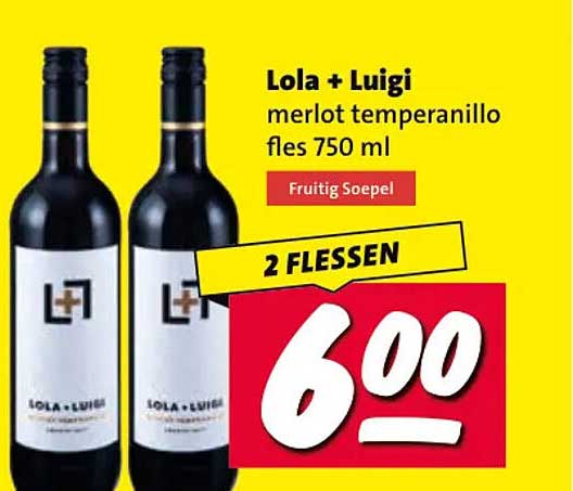 Lola + Luigi merlot temperanillo fles 750 ml Fruitig Soepel 2 FLESSEN