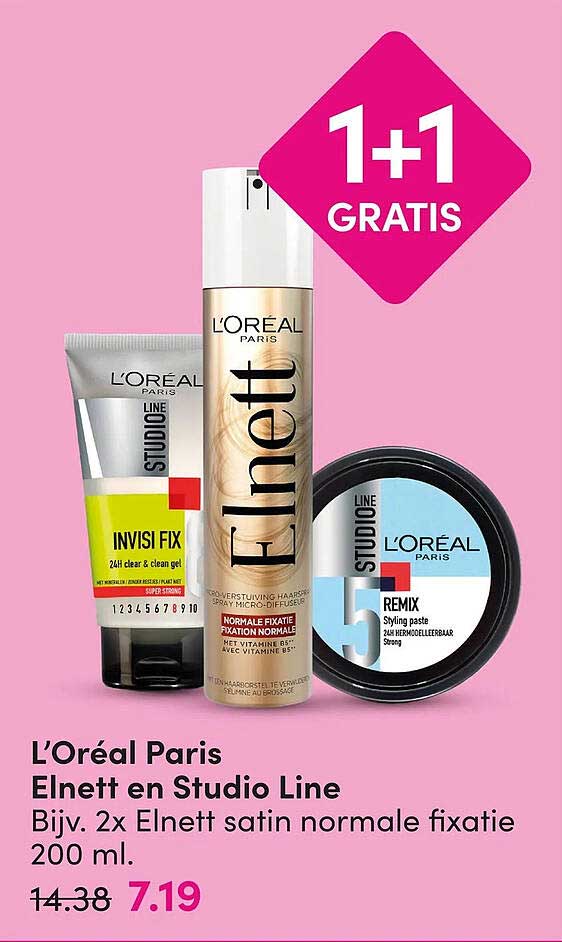 L’Oréal Paris Elnett en Studio Line Bijv. 2x Elnett satin normale fixatie 200 ml. 1+1 GRATIS