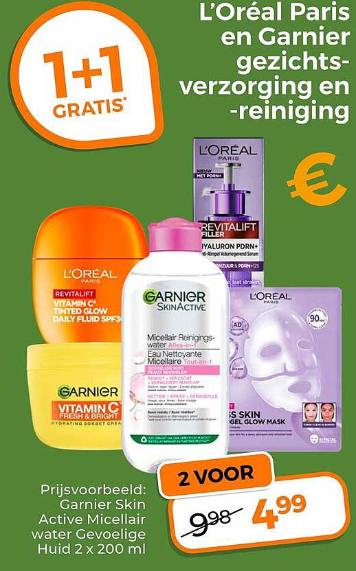 L'Oréal Paris en Garnier gezichtsverzorging en -reiniging 1+1 gratis