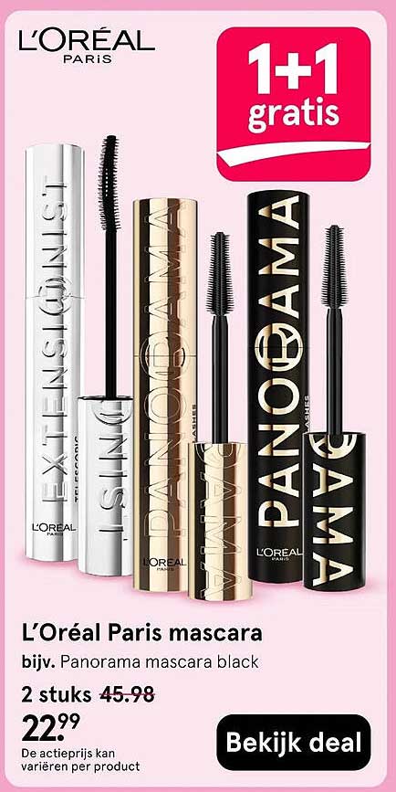 L’Oréal Paris mascara bijv. Panorama mascara black 1+1 gratis