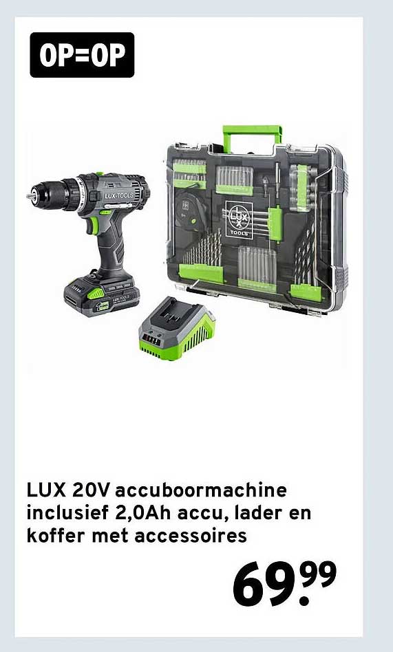 LUX 20V accuboormachine inclusief 2,0Ah accu, lader en koffer met accessoires