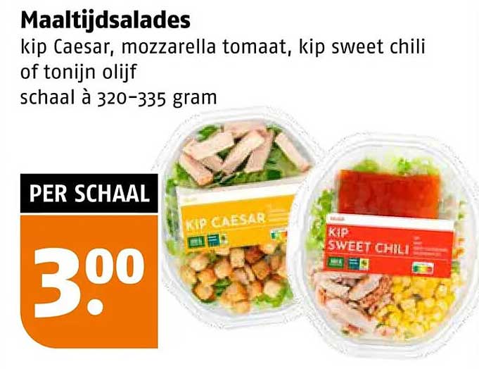 Maaltijdsalades kip Caesar, mozzarella tomaat, kip sweet chili of tonijn olijf schaal à 320-335 gram