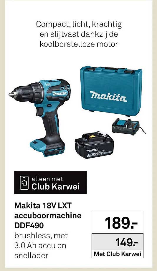 Makita 18V LXT accuboormachine DDF490 brushless, met 3.0 Ah accu en snellader