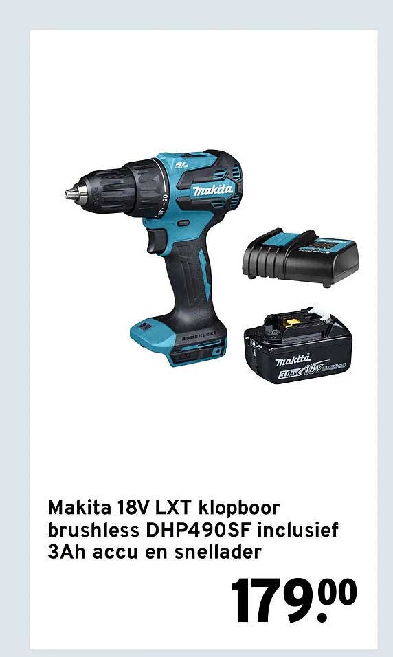Makita 18V LXT klopboor brushless DHP490SF inclusief 3Ah accu en snellader