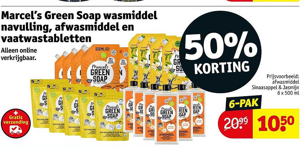Marcel’s Green Soap wasmiddel navulling, afwasmiddel en vaatwastabletten 50% KORTING