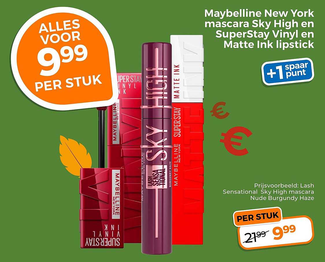 Maybelline New York mascara Sky High en SuperStay Vinyl en Matte Ink lipstick +1 spaar punt