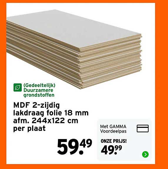 MDF 2-zijdig lakdraag folie 18 mm afm. 244x122 cm per plaat