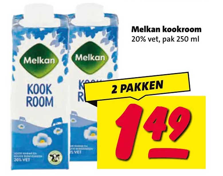 Melkan kookroom 20% vet, pak 250 ml 2 pakken