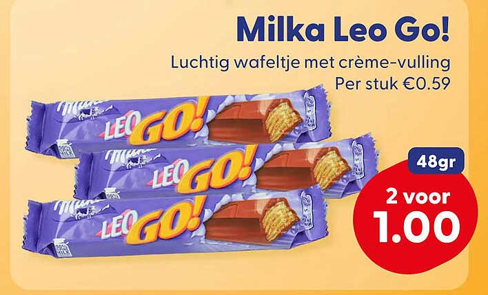 Milka Leo Go! Luchtig wafeltje met crème-vulling 48gr 2 voor 1.00