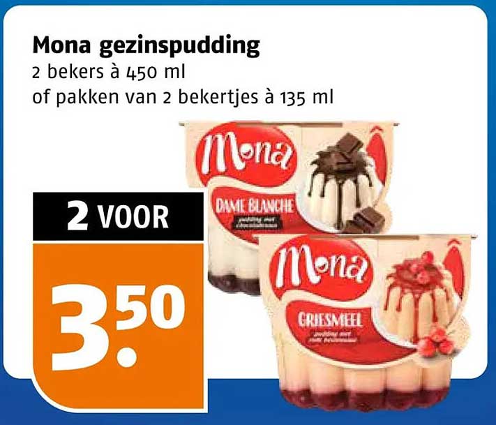 Mona gezinspudding 2 bekers à 450 ml of pakken van 2 bekertjes à 135 ml 2 voor