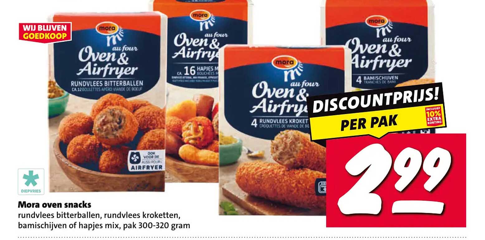 Mora oven snacks rundvlees bitterballen, rundvlees kroketten, bamischijven of hapjes mix, pak 300-320 gram