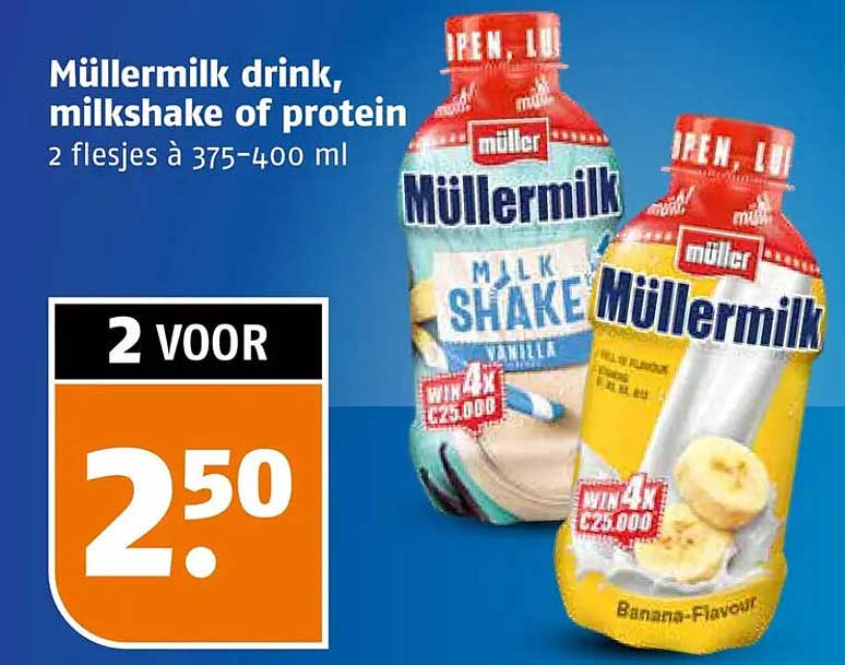 Müllermilk drink, milkshake of protein 2 flesjes à 375-400 ml