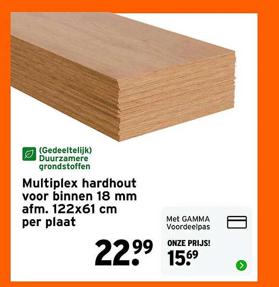 Multiplex hardhout voor binnen 18 mm afm. 122x61 cm per plaat