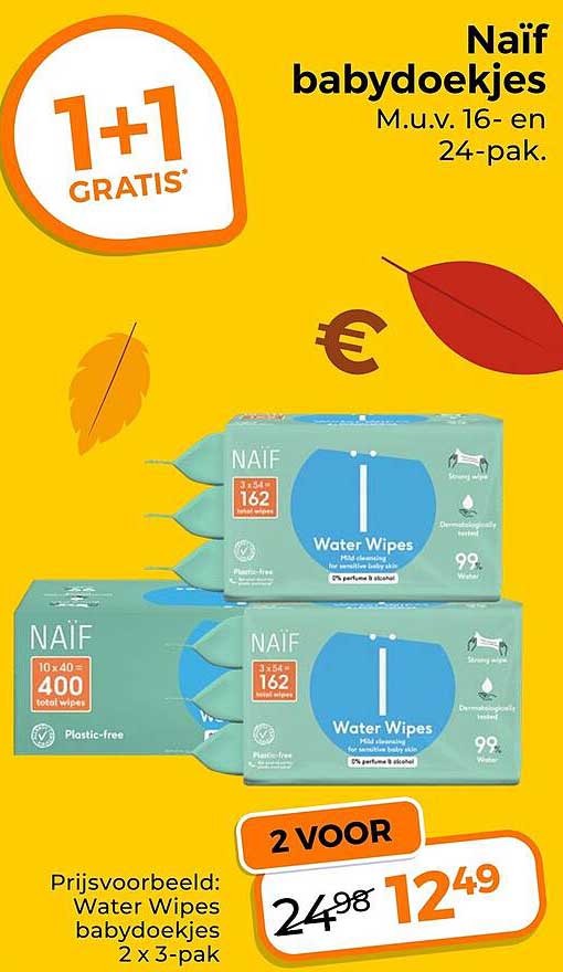 Naïf babydoekjes M.u.v. 16- en 24-pak. 1+1 gratis