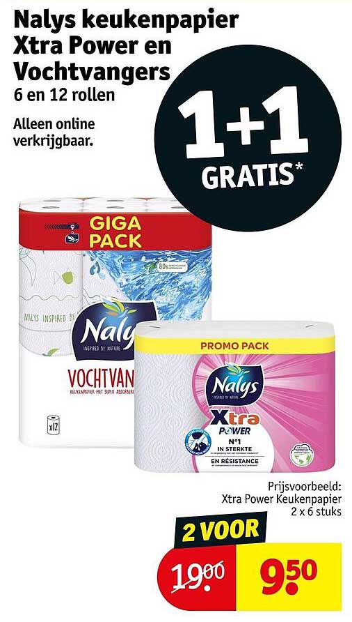 Nalys keukenpapier Xtra Power en Vochtvangers 6 en 12 rollen 1+1 gratis