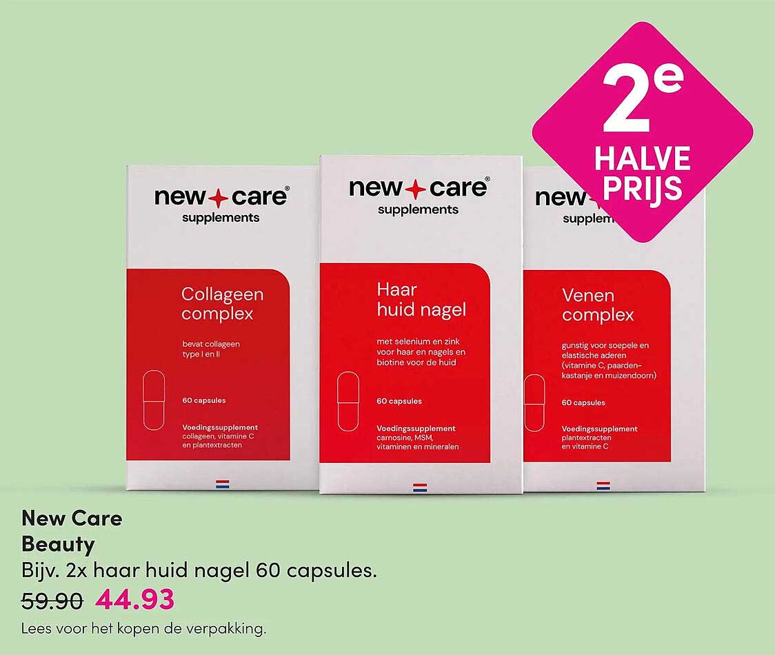 New Care Beauty Bijv. 2x haar huid nagel 60 capsules. 2e halve prijs