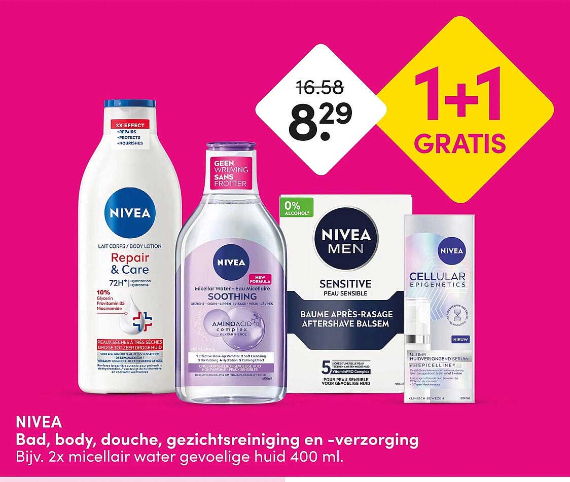 NIVEA Bad, body, douche, gezichtsreiniging en -verzorging 1+1 GRATIS