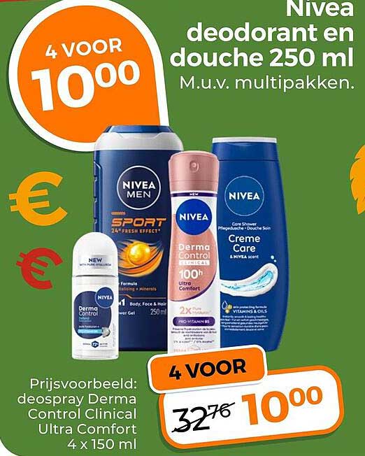 Nivea deodorant en douche 250 ml M.u.v. multipakken. 4 voor 10,00