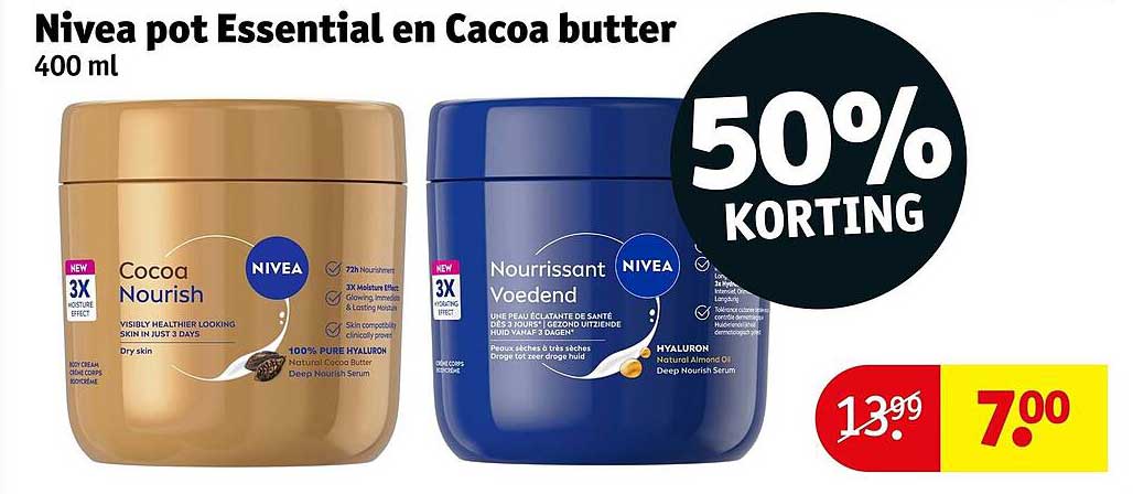 Nivea pot Essential en Cacao butter 400 ml 50% KORTING