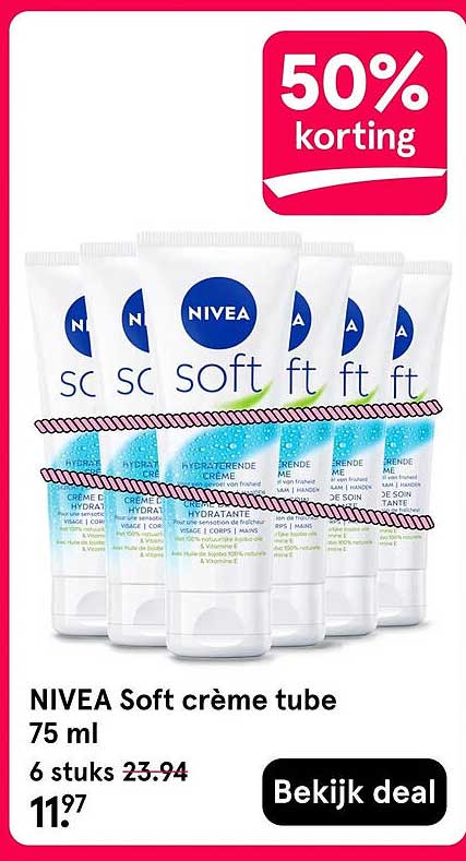 NIVEA Soft crème tube 75 ml 6 stuks 50% korting