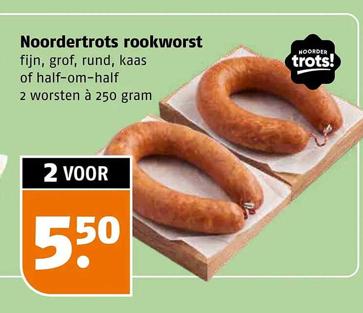 Noordertrots rookworst fijn, grof, rund, kaas of half-om-half 2 worsten à 250 gram