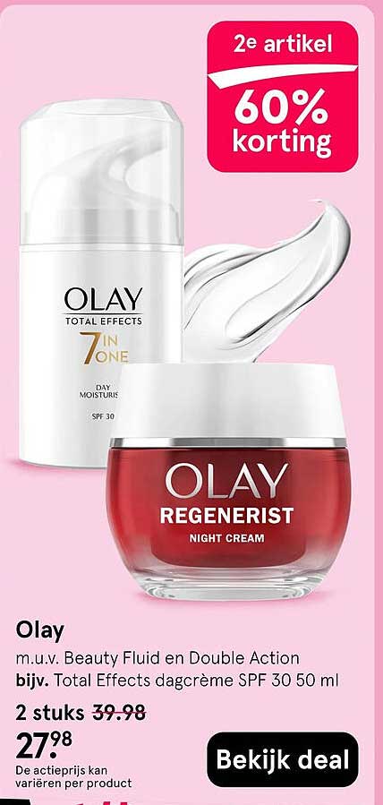 Olay m.u.v. Beauty Fluid en Double Action bijz. Total Effects dagcrème SPF 30 50 ml 2e artikel 60% korting