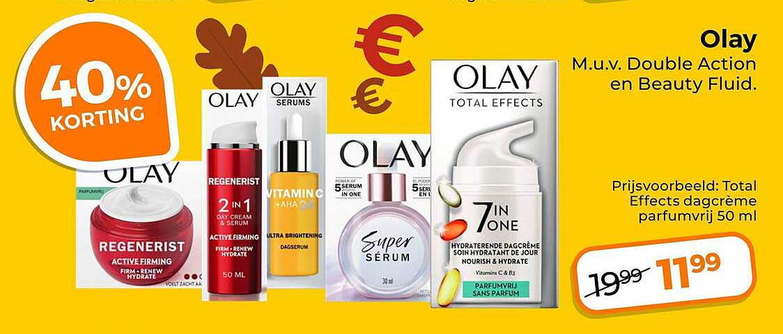 Olay M.u.v. Double Action en Beauty Fluid. 40% korting