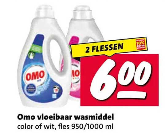 Omo vloeibaar wasmiddel color of wit, fles 950/1000 ml 2 flessen