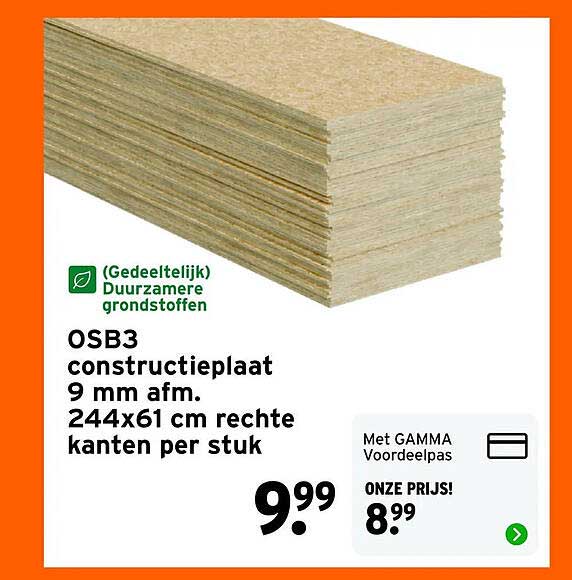 OSB3 constructieplaat 9 mm afm. 244x61 cm rechte kanten per stuk