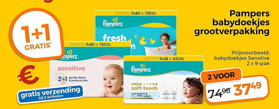 Pampers babydoekjes grootverpakking 1+1 gratis