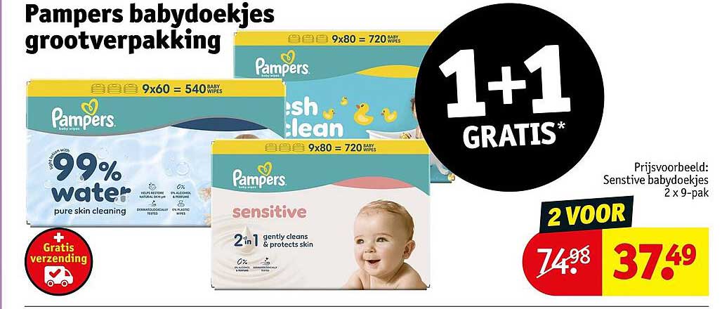 Pampers babydoekjes grootverpakking 1+1 GRATIS*