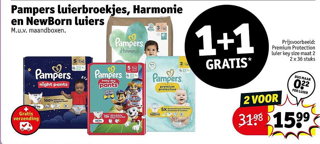 Pampers luiersbroekjes, Harmonie en NewBorn luiers 1+1 gratis