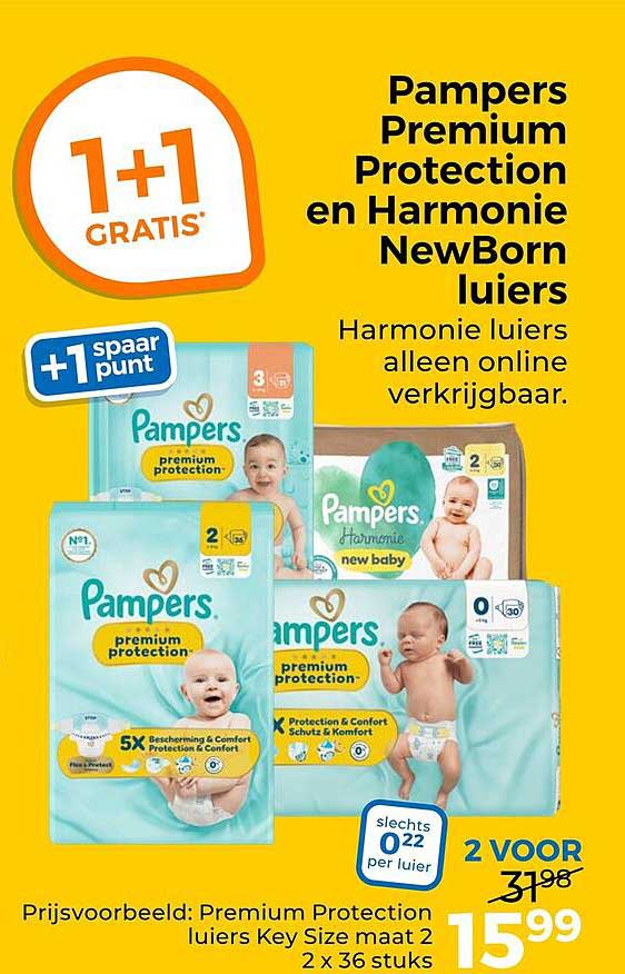 Pampers Premium Protection en Harmonie NewBorn luiers 1+1 gratis