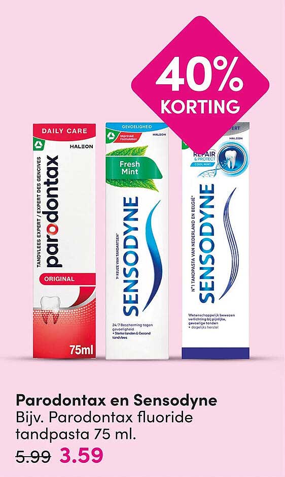 Parodontax en Sensodyne Bijv. Parodontax fluoride tandpasta 75 ml. 40% KORTING