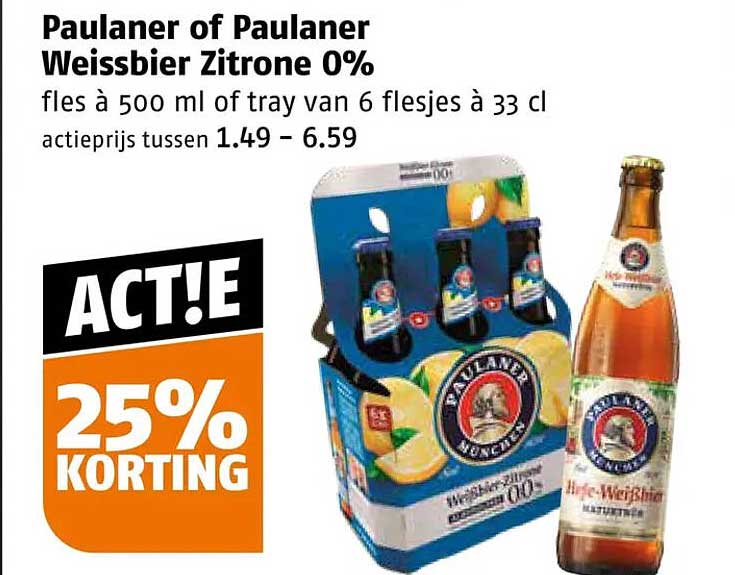 Paulaner of Paulaner Weissbier Zitrone 0% 25% korting