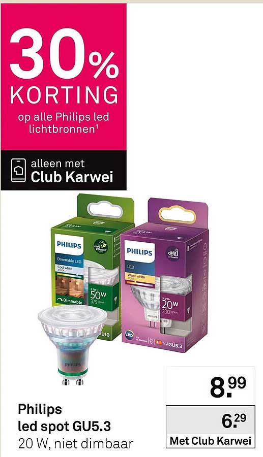 Philips led spot GU5.3 20 W, niet dimbaar 30% KORTING op alle Philips led lichtbronnen