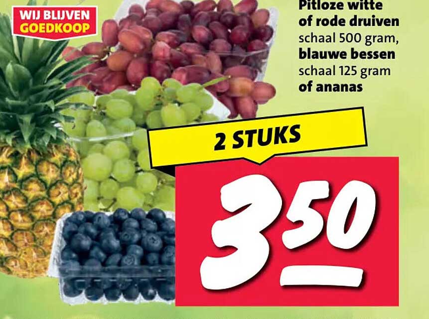 Pitloze witte of rode druiven schaal 500 gram, blauwe bessen schaal 125 gram of ananas 2 STUKS