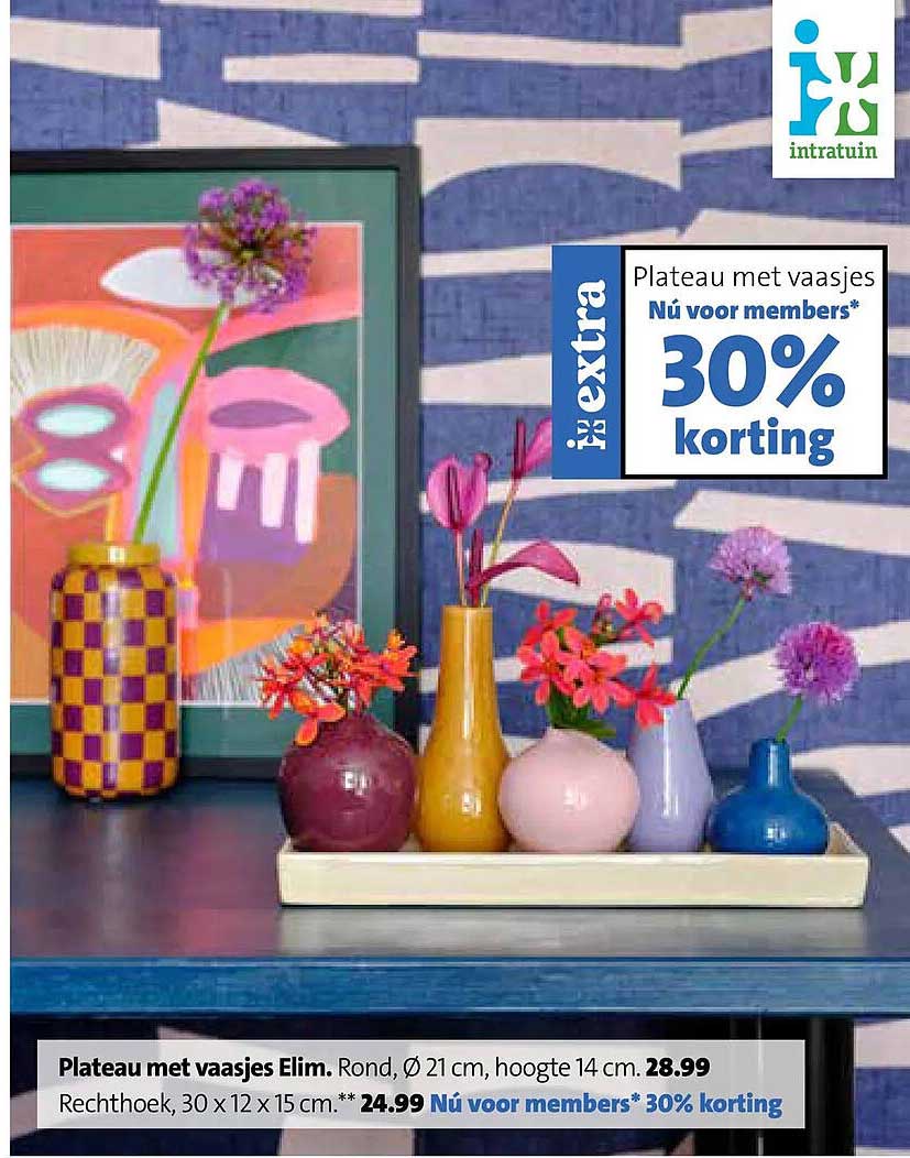 Plateau met vaasjes Elim. Rond, Ø 21 cm, hoogte 14 cm. Rechthoek, 30 x 12 x 15 cm. Nu voor members* 30% korting